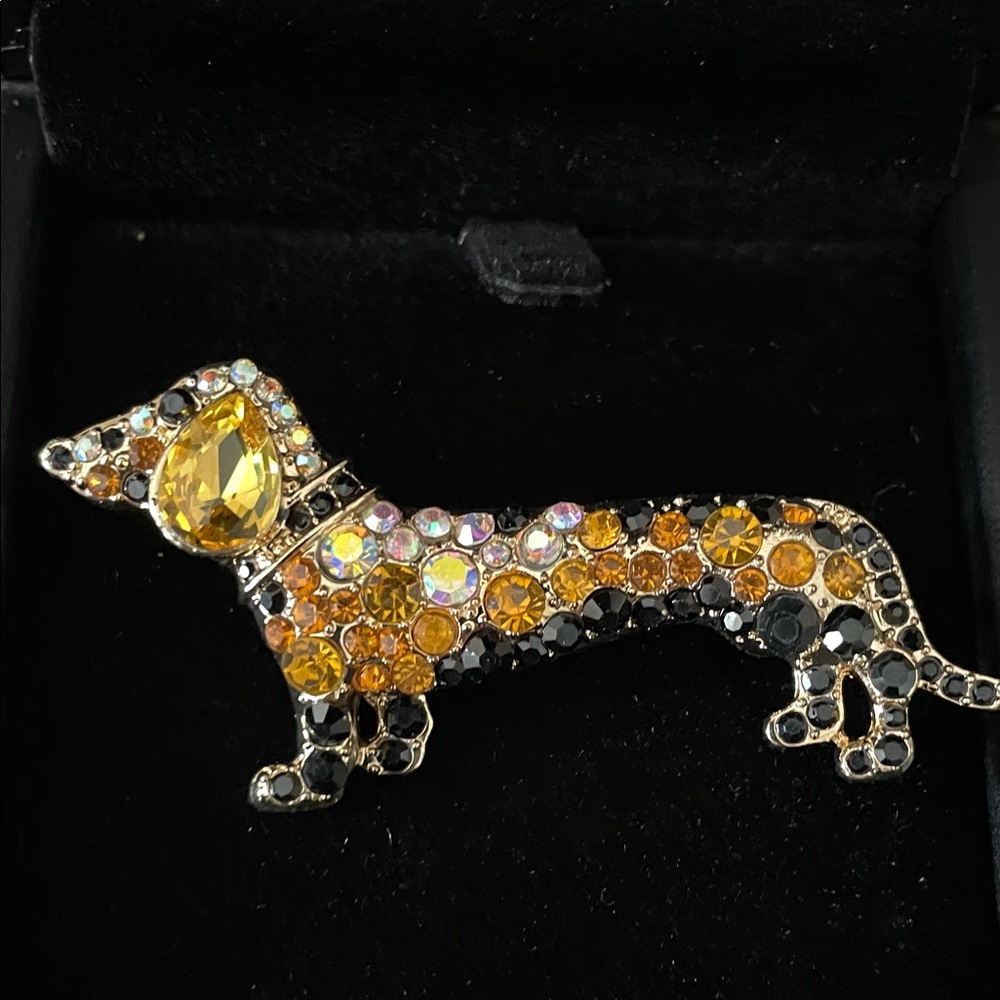 Sparkling Yellow and Black Dachshund Brooch